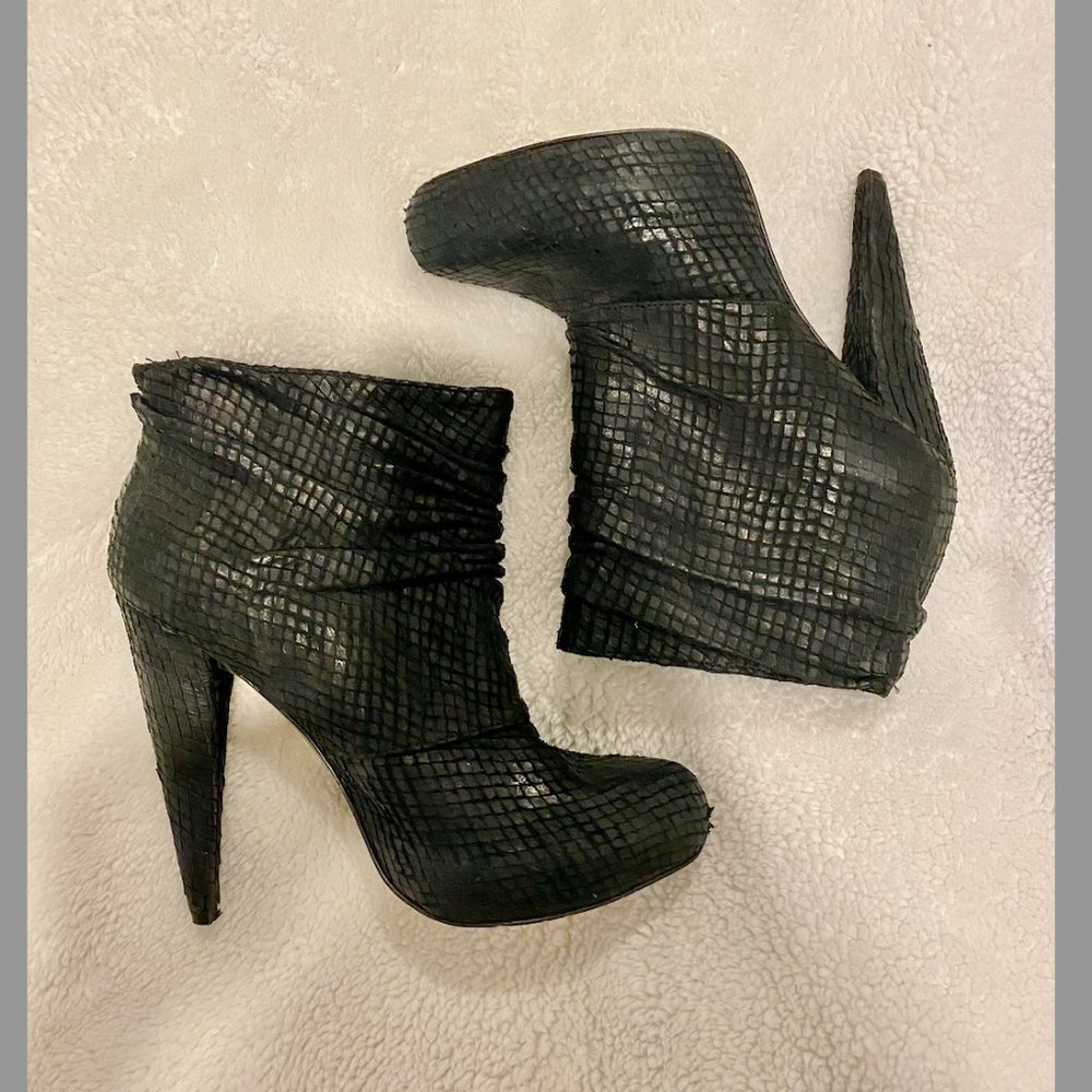 Elizabeth and James Reese Draped Snake Python Heeled Booties